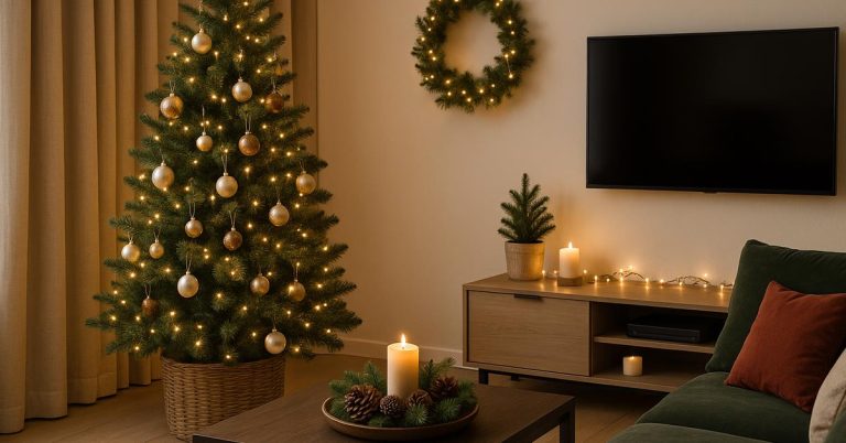Home Stijlvolle woonkamer voor de feestdagen met kerstboom, zachte verlichting, warme kleuren en natuurlijke decoraties op salonta
